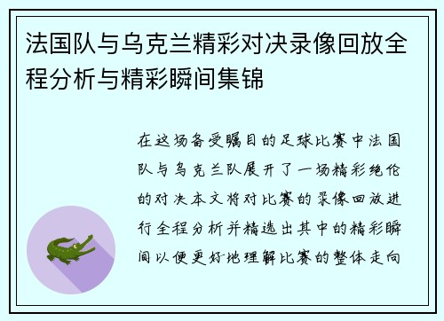 法国队与乌克兰精彩对决录像回放全程分析与精彩瞬间集锦
