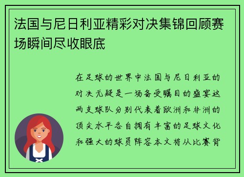 法国与尼日利亚精彩对决集锦回顾赛场瞬间尽收眼底