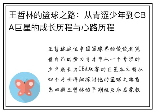 王哲林的篮球之路：从青涩少年到CBA巨星的成长历程与心路历程