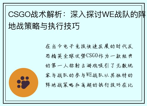 CSGO战术解析：深入探讨WE战队的阵地战策略与执行技巧