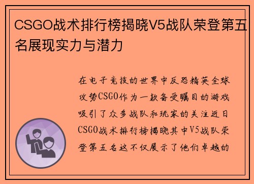CSGO战术排行榜揭晓V5战队荣登第五名展现实力与潜力