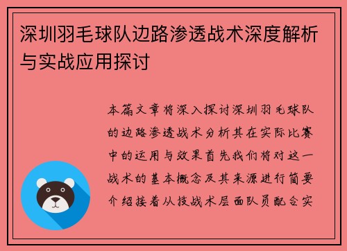 深圳羽毛球队边路渗透战术深度解析与实战应用探讨