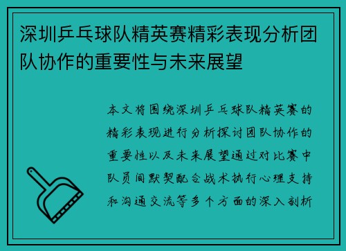 深圳乒乓球队精英赛精彩表现分析团队协作的重要性与未来展望