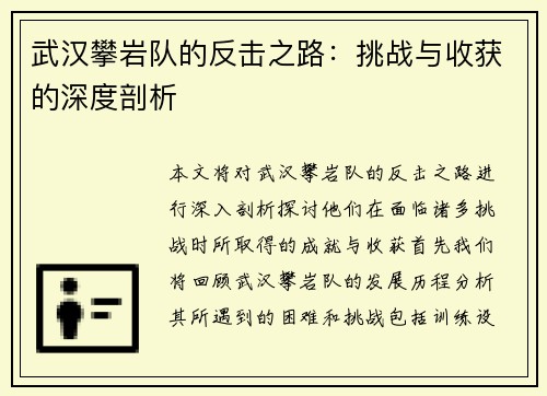武汉攀岩队的反击之路：挑战与收获的深度剖析