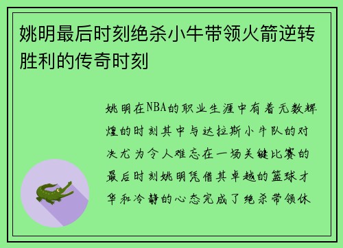 姚明最后时刻绝杀小牛带领火箭逆转胜利的传奇时刻