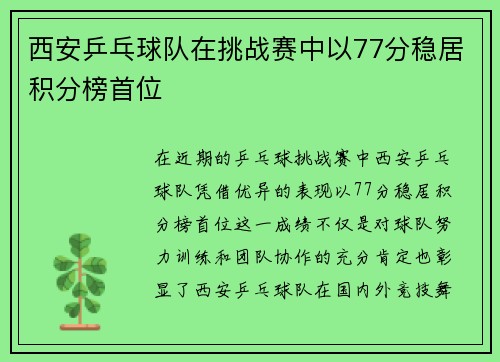 西安乒乓球队在挑战赛中以77分稳居积分榜首位
