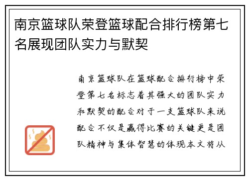 南京篮球队荣登篮球配合排行榜第七名展现团队实力与默契