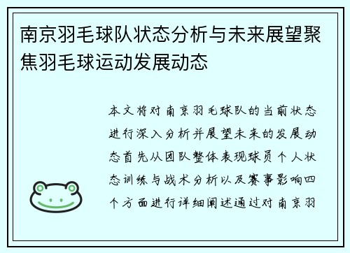 南京羽毛球队状态分析与未来展望聚焦羽毛球运动发展动态