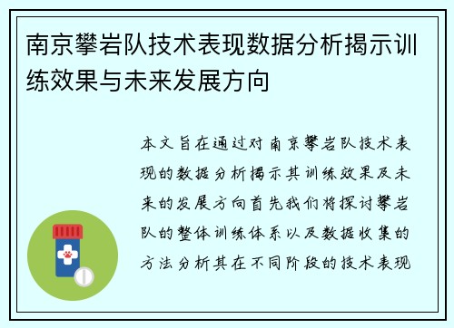南京攀岩队技术表现数据分析揭示训练效果与未来发展方向