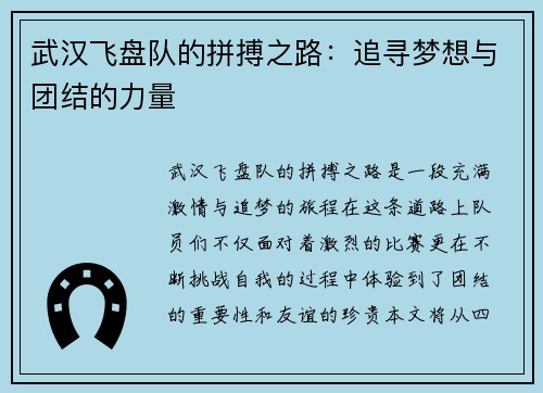 武汉飞盘队的拼搏之路：追寻梦想与团结的力量